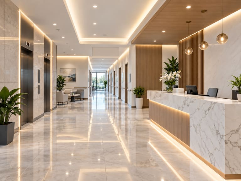 Un accueil et un hall d’ascenseurs lumineux dans une clinique partenaire