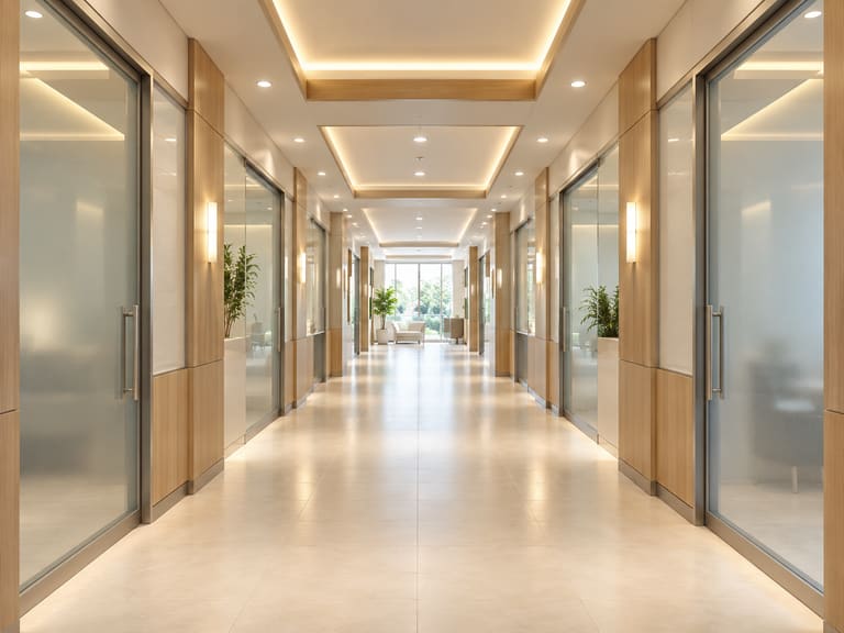 Un couloir clinique calme dans une clinique partenaire