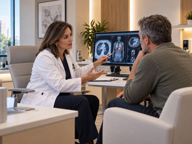 Un médecin en blouse blanche montre des images de scanner thoracique sur un écran pendant qu’un homme l’écoute, assis de l’autre côté du bureau