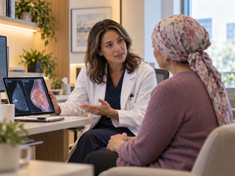 Un médecin tenant une tablette affichant des images mammaires parle avec une femme portant un foulard