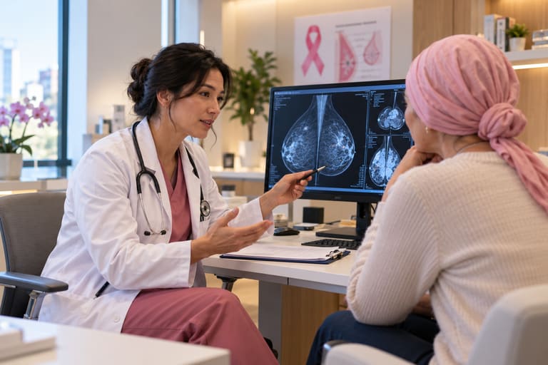 Un médecin commente des images de mammographie sur un écran avec une femme portant un foulard rose
