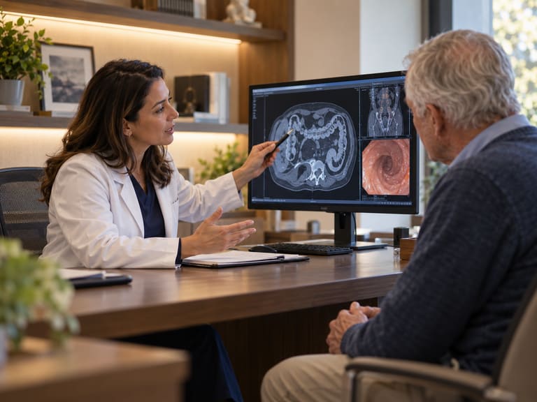 Un médecin montre des images de scanner abdominal et d’endoscopie sur un écran tout en parlant avec un homme âgé
