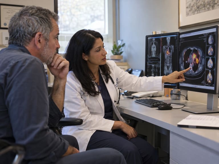 Un médecin montre des images de scanner thoracique sur deux écrans, à côté d’un homme assis qui l’écoute